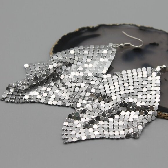 Jewelry earrings mesh statement party occasional drop dangle large silver tone - Picture 2 of 11